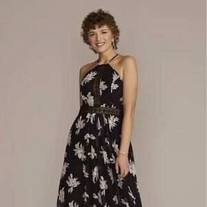 DAVID’s BRIDAL PRINTED CHIFFON HALTER A-LINE, BLACK MULTI, MAXI SIZE 12